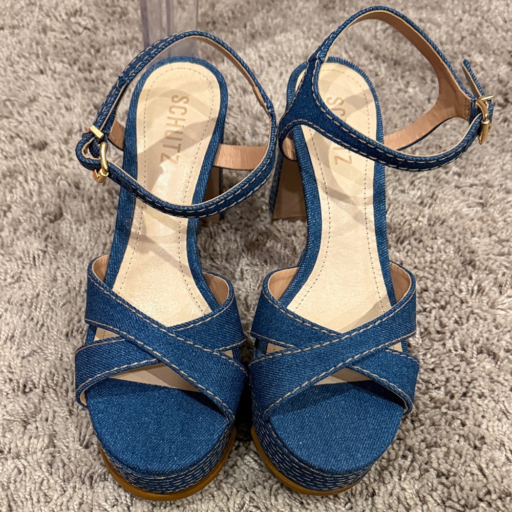 SCHUTZ Denim Blue Strappy Sandals